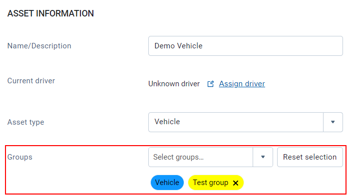Geotab groups on vehicle edit page in MyGeotab