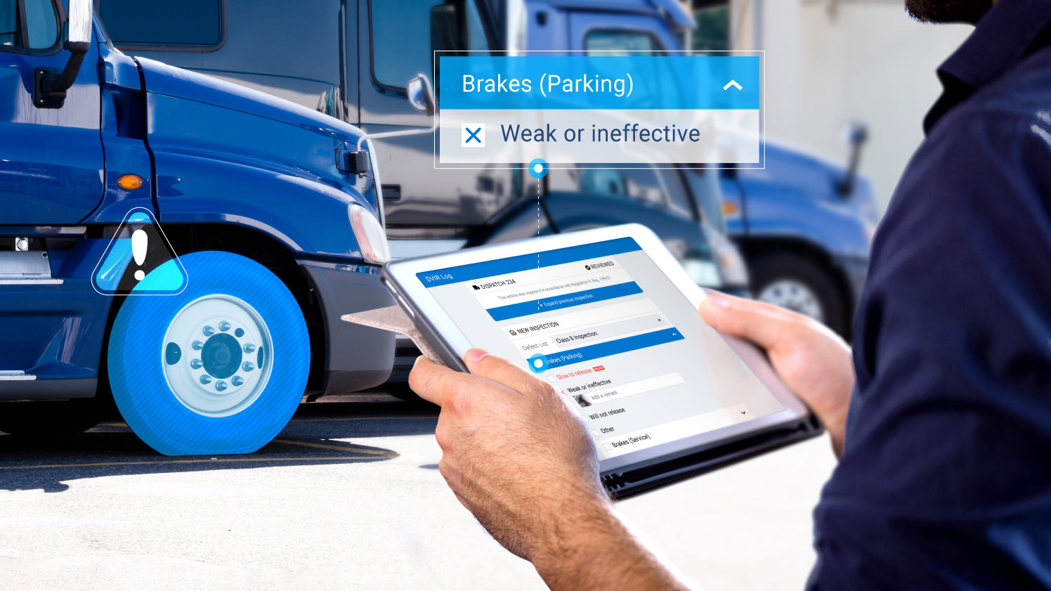 dvir-solutions-geotab Mechanic or driver inspecting truck brakes, tires, and safety equipment during a DOT-compliant vehicle inspection under FMCSA §396.11.