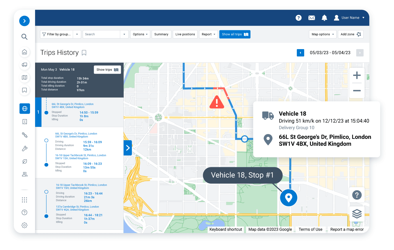 Geotab Trip History – Optimize Fleet Performance and Driver Safety Geotab Trip History feature showing vehicle routes, speeds, stops, and driving behavior for fleet management.