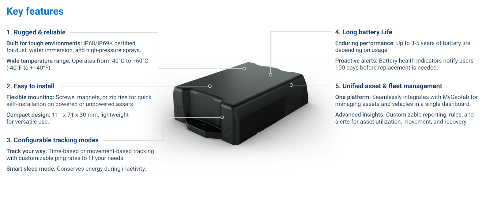 geotab-go-anywhere-features Geotab GO Anywhere Asset Tracker installed on a construction trailer, showcasing its rugged design and compact size.