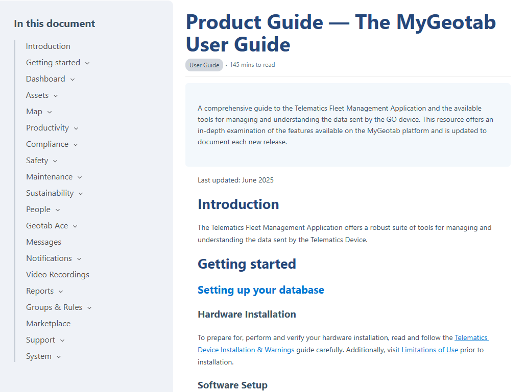 geotab-product-guide Screenshot of the Geotab Product Guide section under Getting Started & Help in MyGeotab dashboard.